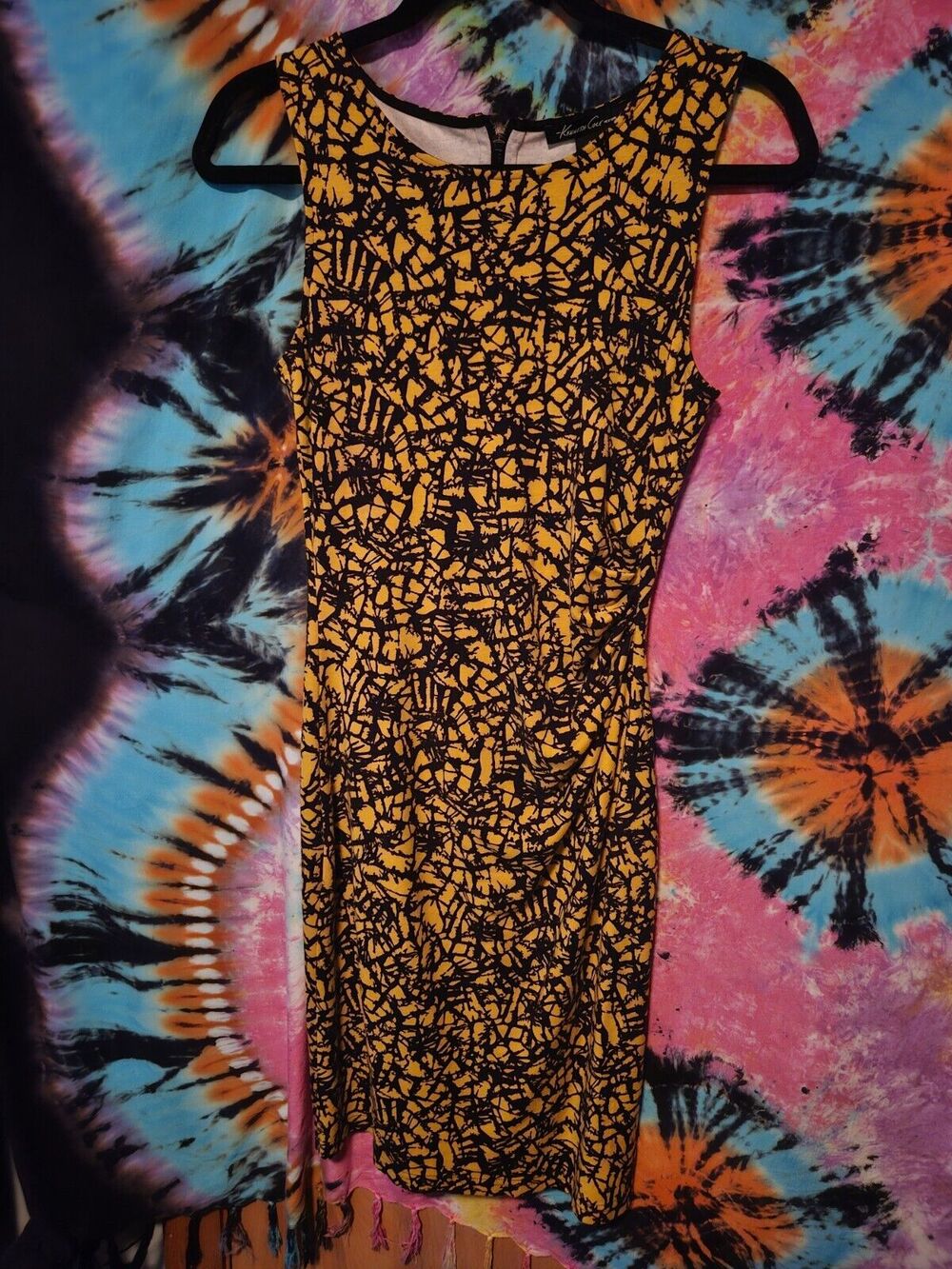 Vintage Kenneth Cole Body Con Zipper Dress Yellow & Black Abstract Print Size 4
